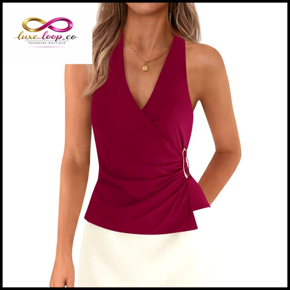 Slim Fit Halter Top V-Neck Sleeveless Ruched Backless Summer Tank